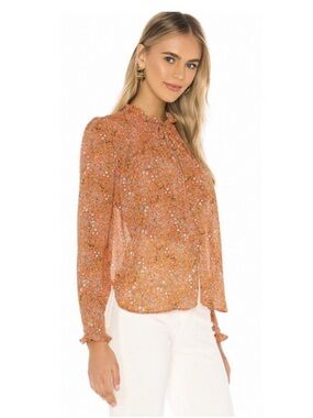 Free People Lela Smocked Ruffle Floral Blouse Coral Boho Hippie Lightweight SP